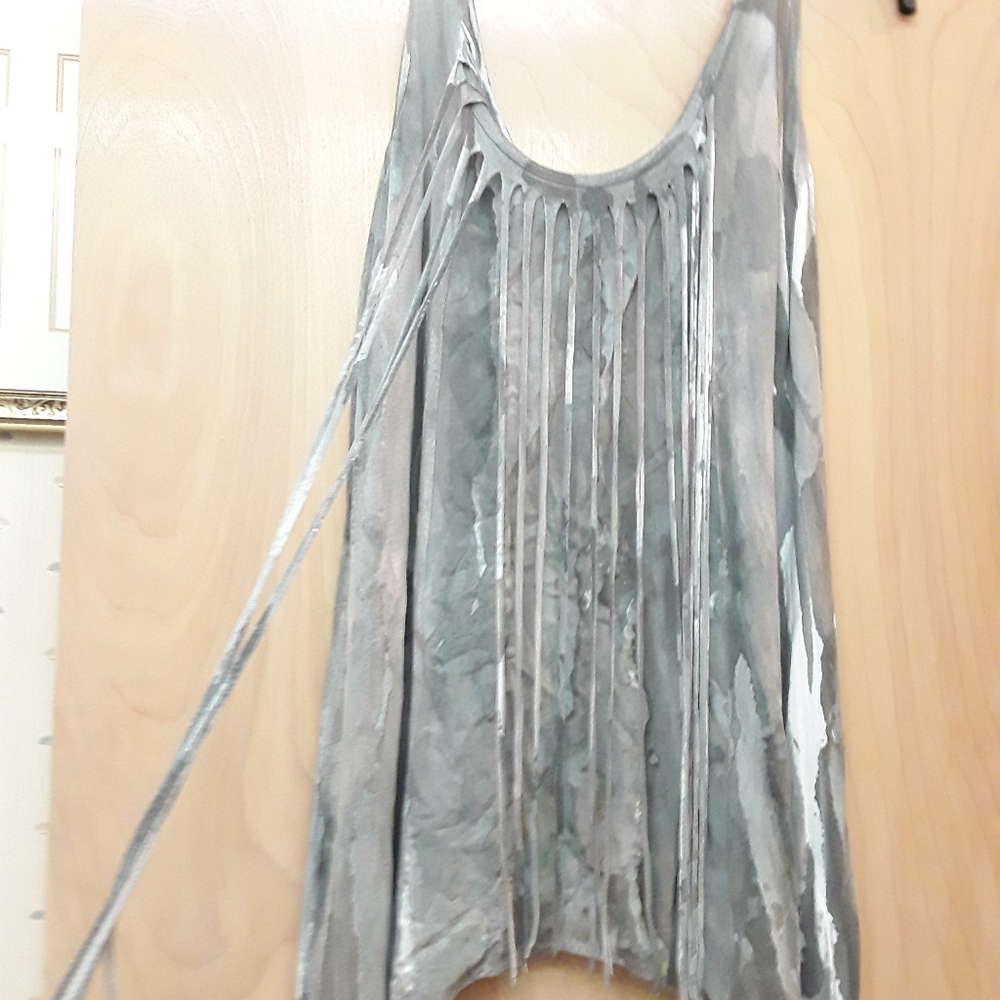 Grey Boho Fringe  Abstract Dip Die Tank Top L